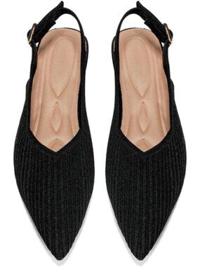Women's Black Pointed Toe Knit Ballet Flats with Adjustable Ankle Strap Shoes